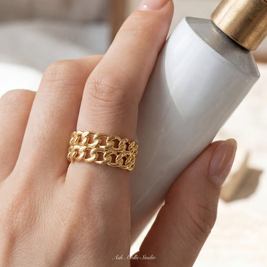 ELIA Gold Double Chain Ring for Women – Thick Minimalist Statement Adjustable Open Ring | Ash Mollie Studio - ASH MOLLIE STUDIO
