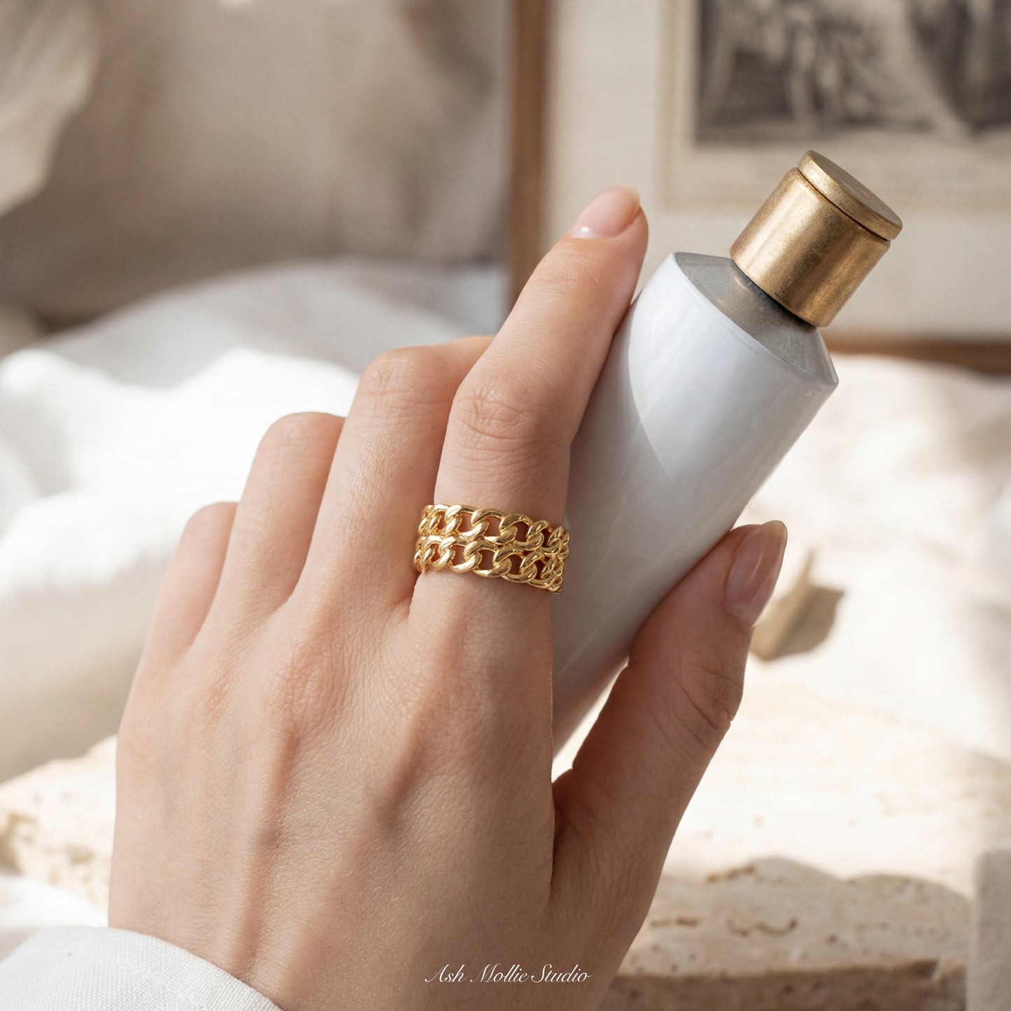 ELIA Gold Double Chain Ring for Women – Thick Minimalist Statement Adjustable Open Ring | Ash Mollie Studio - ASH MOLLIE STUDIO