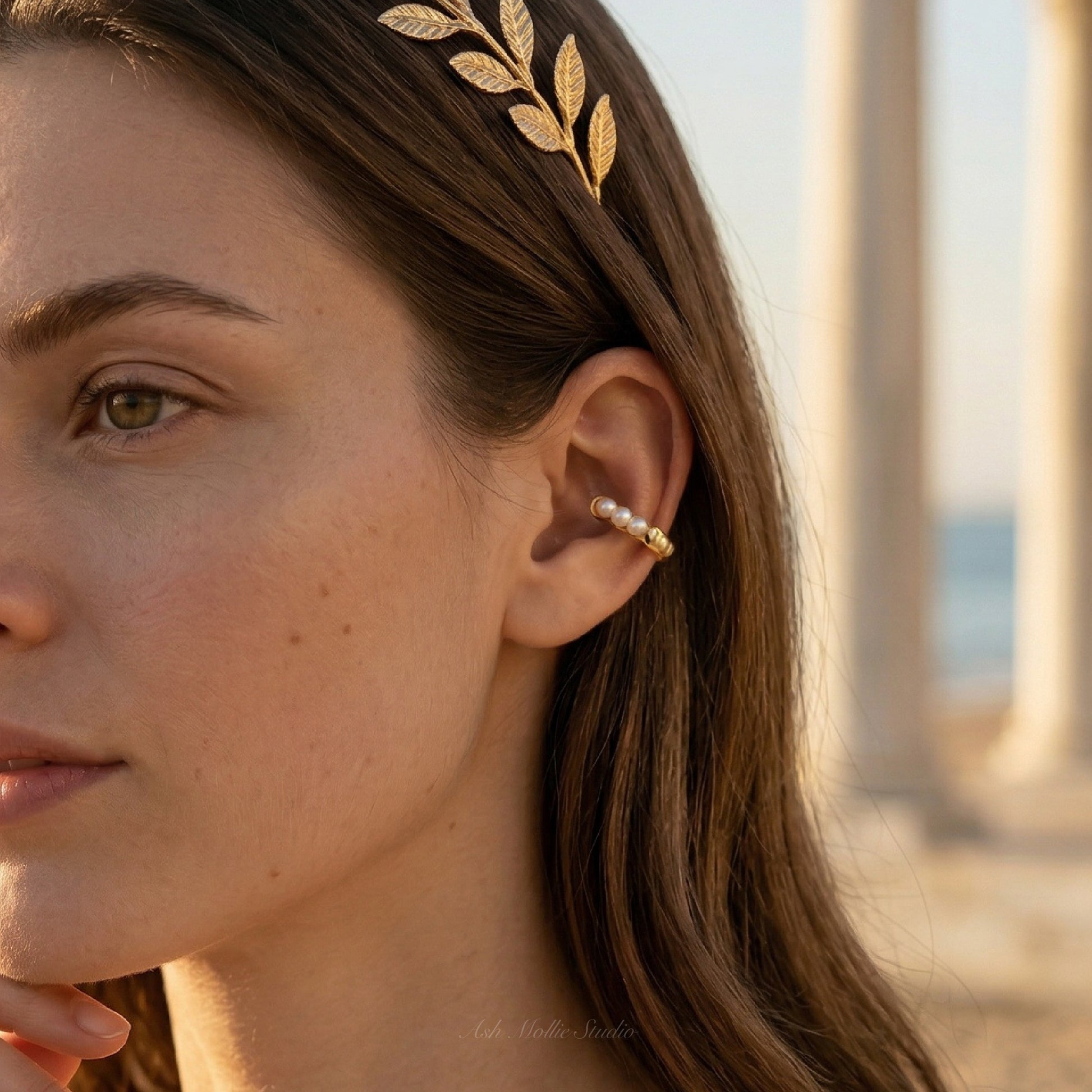 DIORA Gold Pearl Ear Cuff – Elegant Minimalist No Piercing Jewelry | Ash Mollie Studio - ASH MOLLIE STUDIO