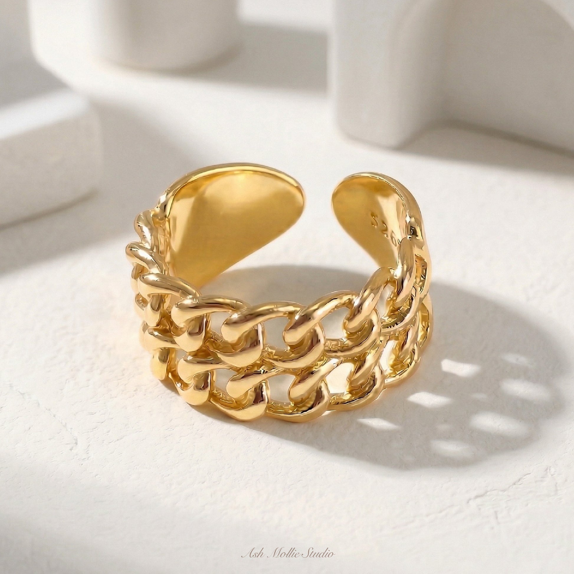 ELIA Gold Double Chain Ring for Women – Thick Minimalist Statement Adjustable Open Ring | Ash Mollie Studio - ASH MOLLIE STUDIO