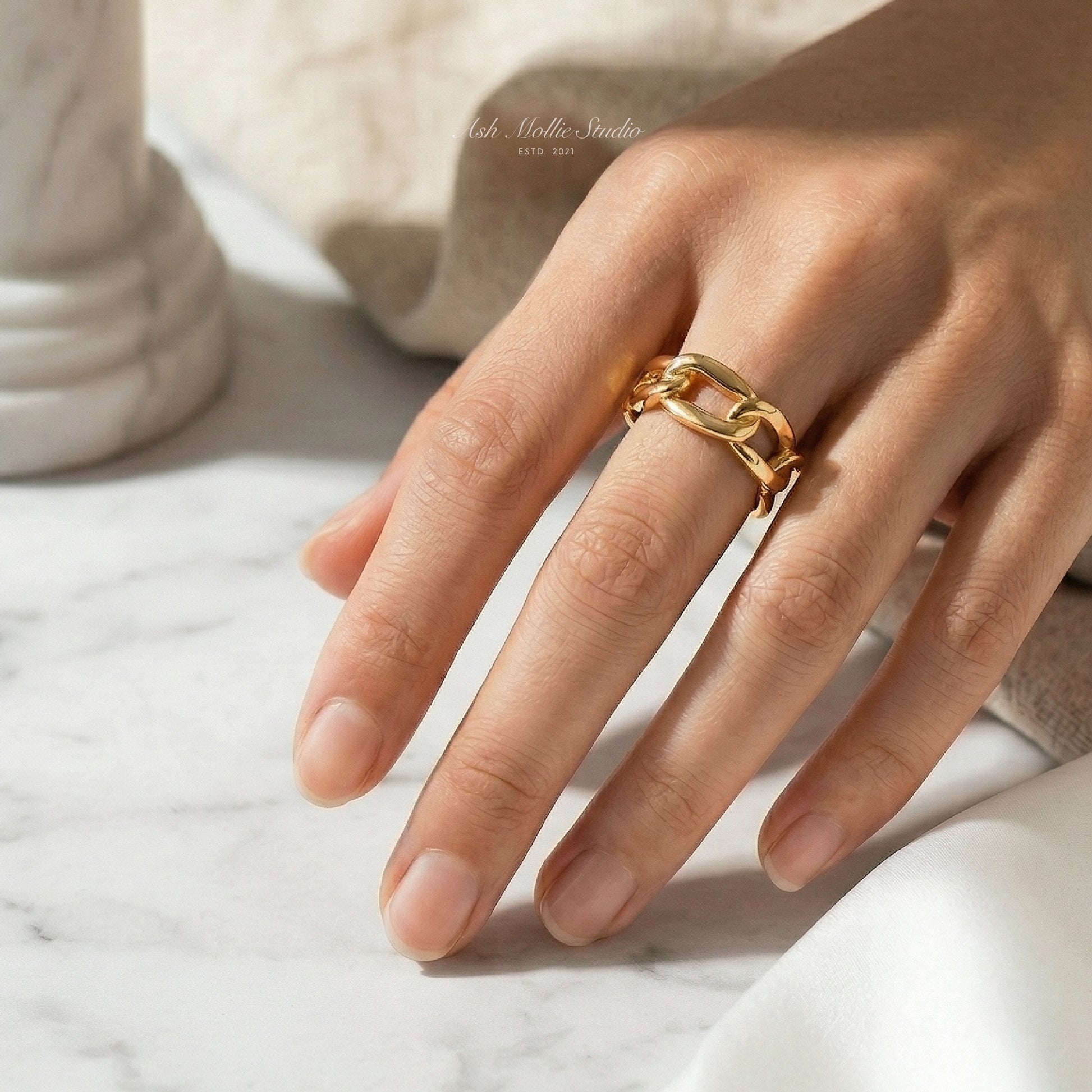 DENA Gold Chain Link Ring for Women – Uneven Minimalist Statement Adjustable Open Ring | Ash Mollie Studio - ASH MOLLIE STUDIO