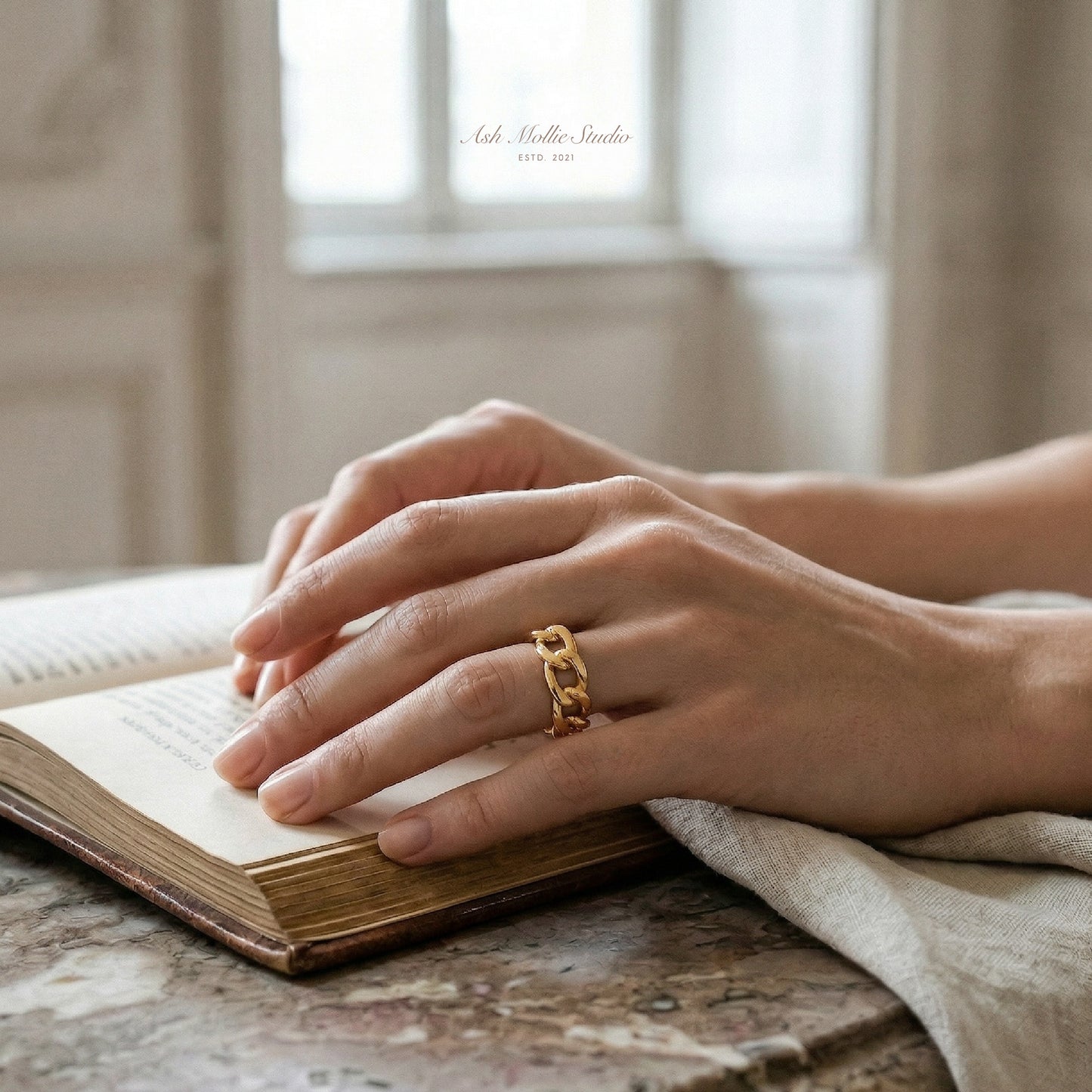 DENA Gold Chain Link Ring for Women – Uneven Minimalist Statement Adjustable Open Ring | Ash Mollie Studio - ASH MOLLIE STUDIO