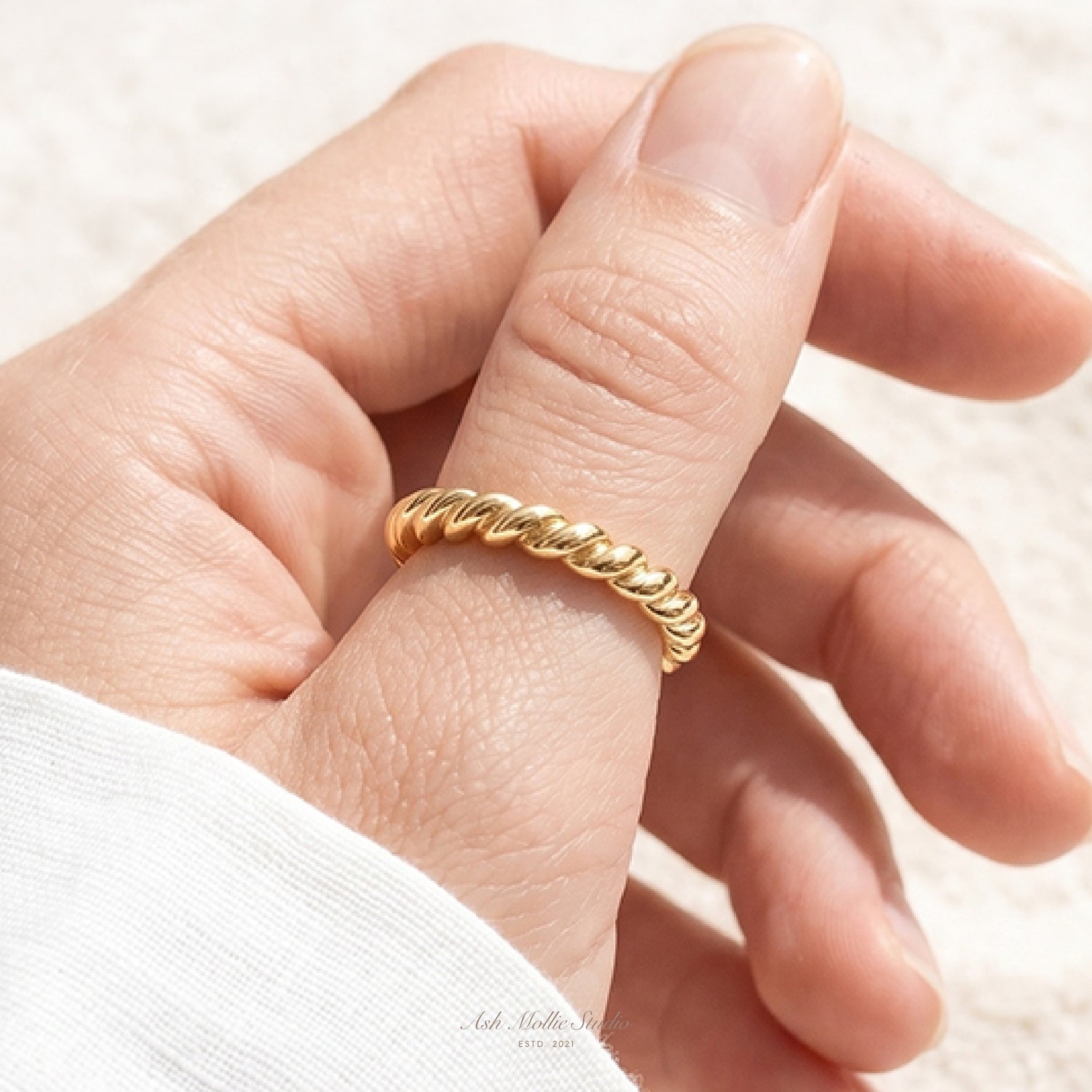 ANOA Gold Braided Ring for Women – Narrow Minimalist Stacking Rope Band | Ash Mollie Studio - ASH MOLLIE STUDIO