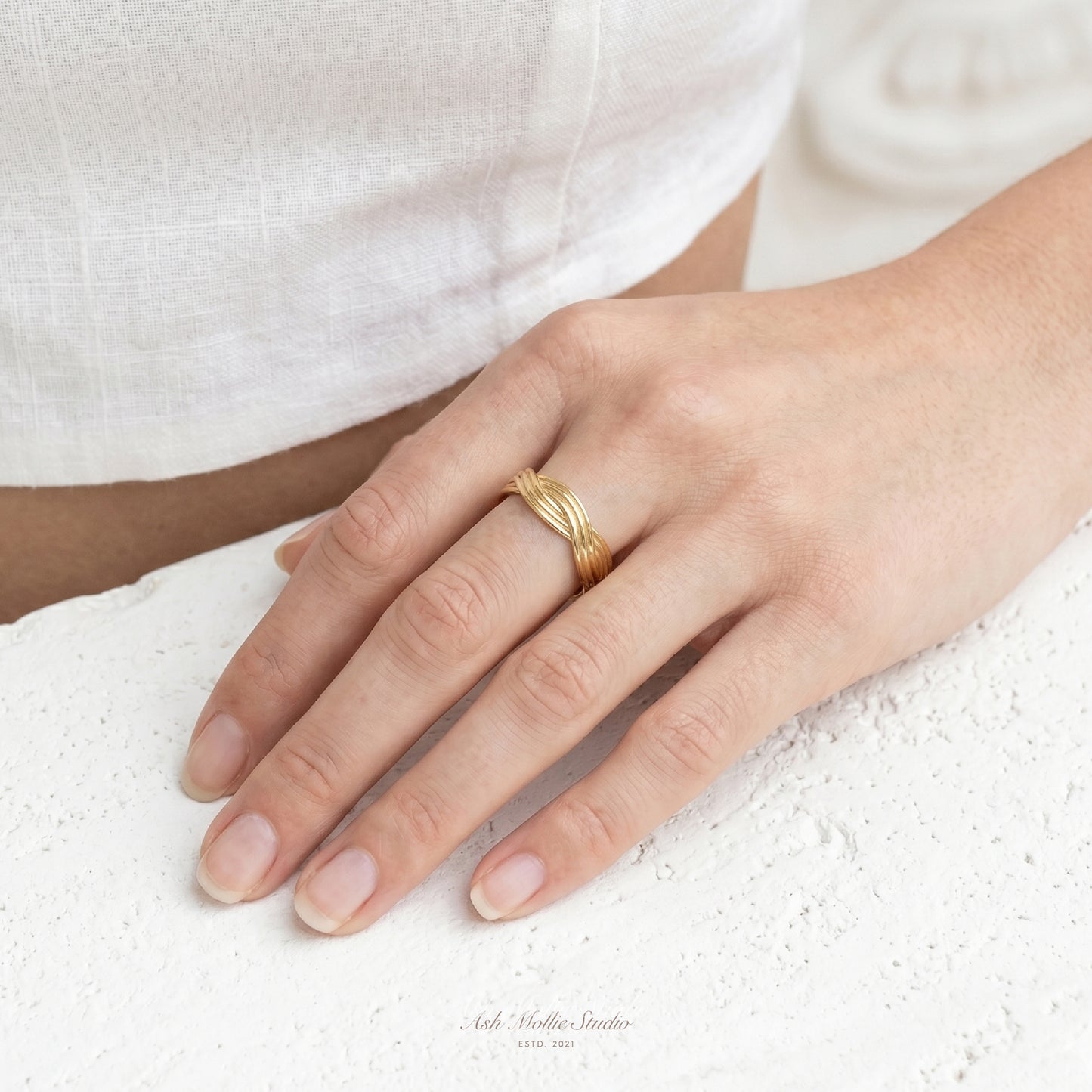 ASHA Gold Braided Ring for Women – Minimalist Adjustable Stacking Rope Band | Ash Mollie Studio - ASH MOLLIE STUDIO
