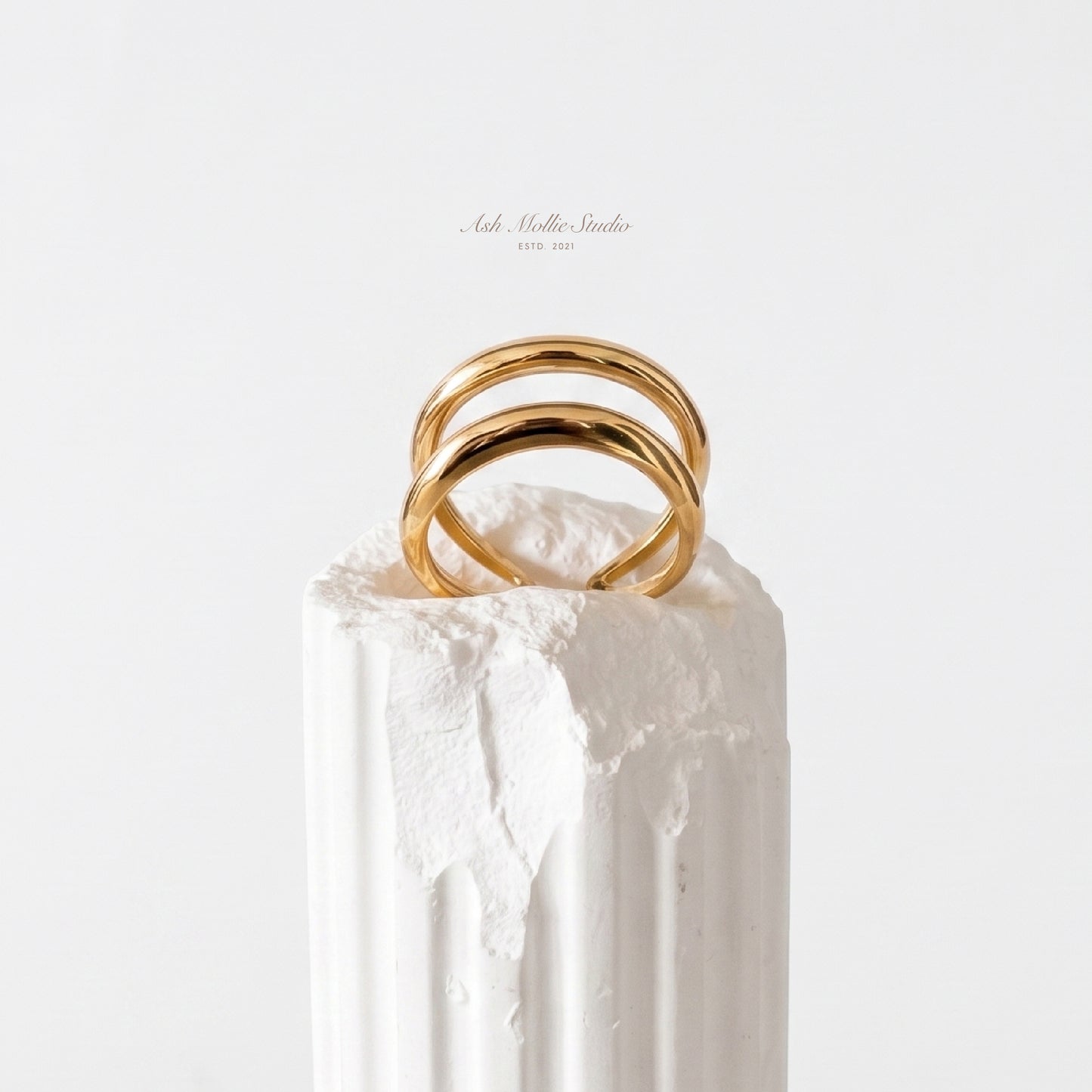 ISABEL Gold Double Band Ring for Women – Minimalist Open Adjustable Stacking Statement Ring | Ash Mollie Studio - ASH MOLLIE STUDIO