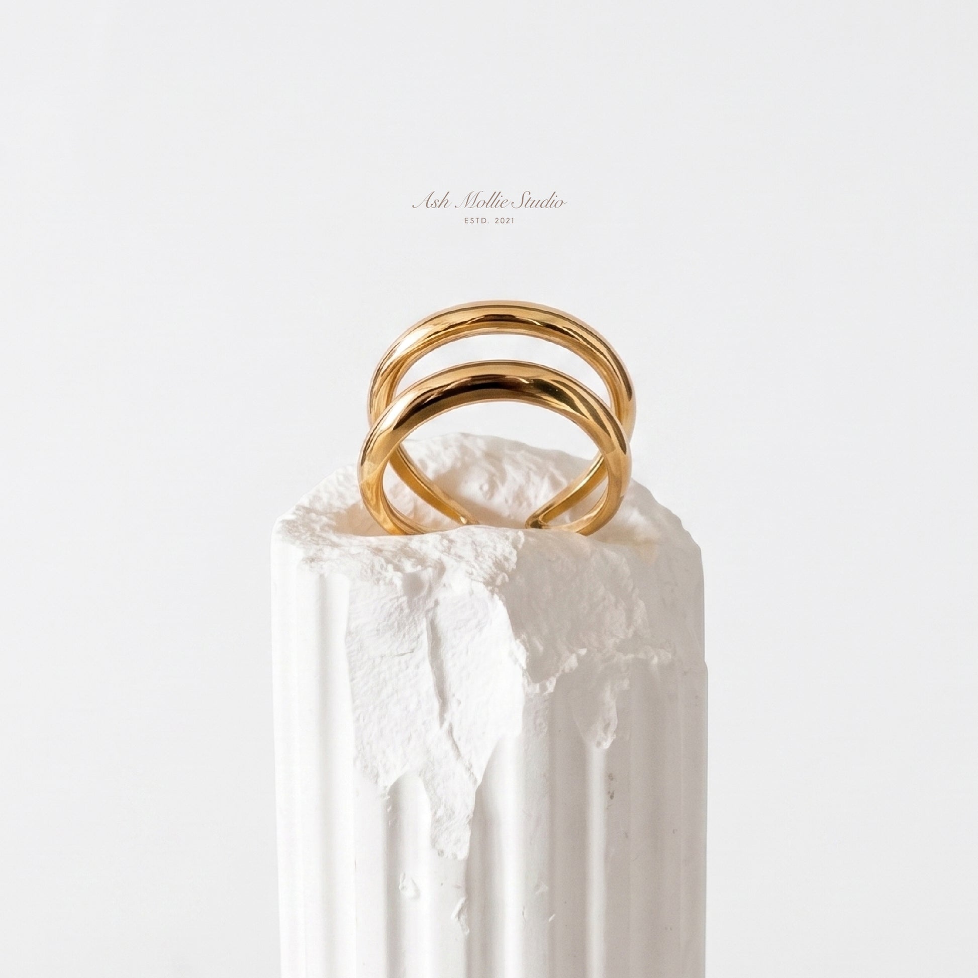 ISABEL Gold Double Band Ring for Women – Minimalist Open Adjustable Stacking Statement Ring | Ash Mollie Studio - ASH MOLLIE STUDIO