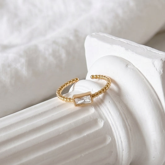 LUCIA Gold Braided Ring with Square Stone – Twisted Minimalist Adjustable Statement Ring for Women | Ash Mollie Studio - ASH MOLLIE STUDIO