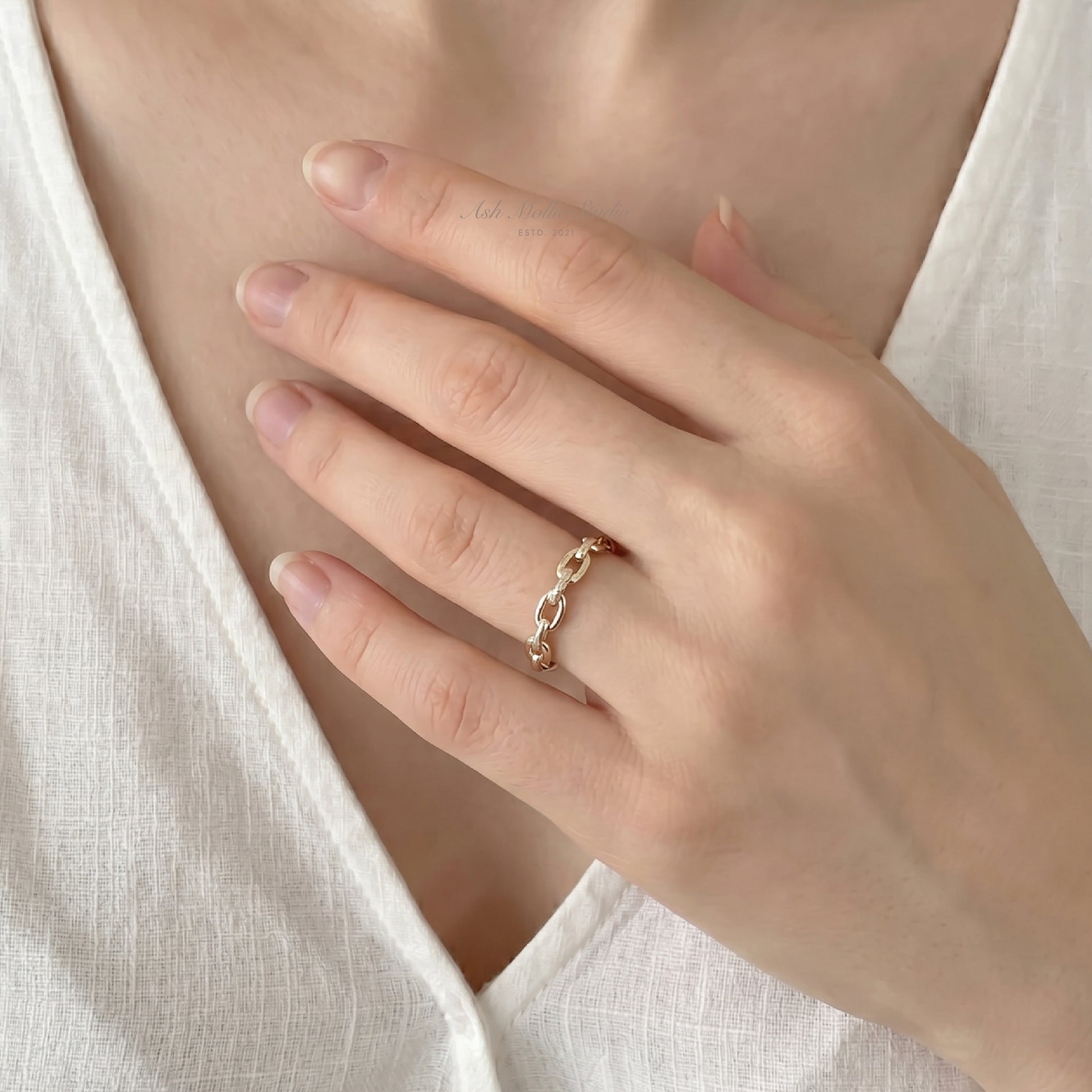 LIATH Gold Chain Ring for Women – Narrow Minimalist Stacking Adjustable Band | Ash Mollie Studio 