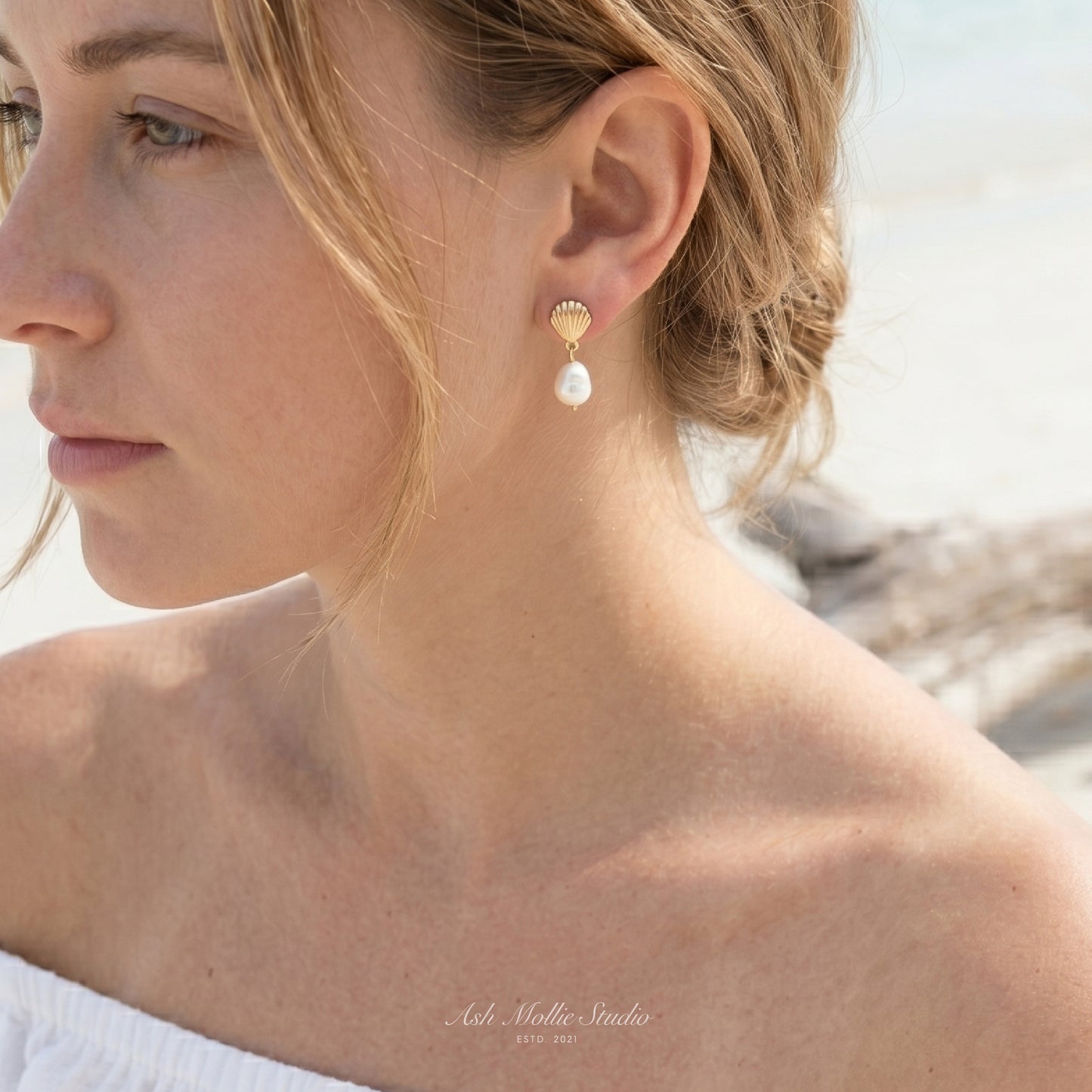 TAHEIA Gold Seashell Pearl Stud Earrings for Women – Minimalist Ocean Inspired Jewelry | Ash Mollie Studio - ASH MOLLIE STUDIO