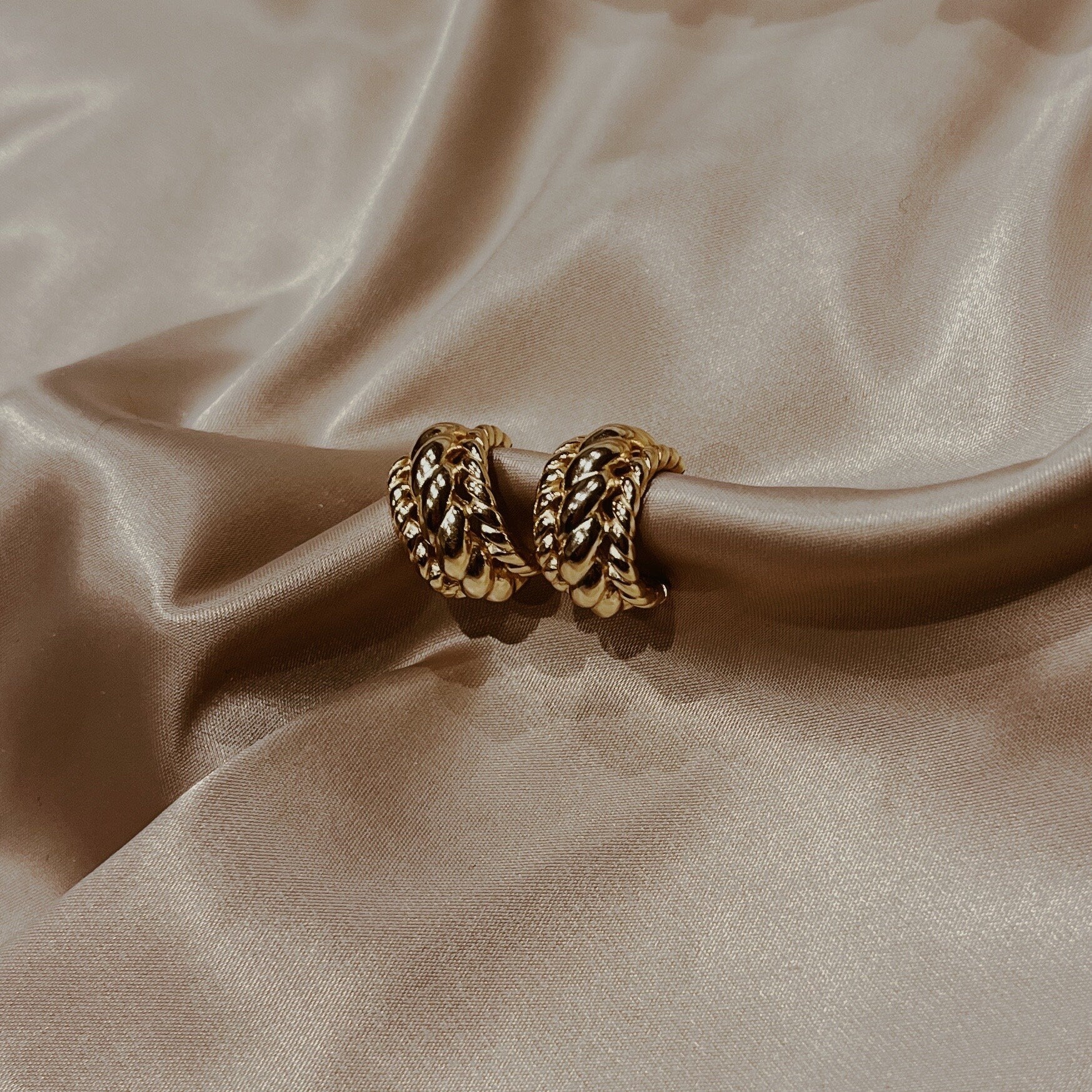 AMS French Vintage Braided Big Wide Gold Earrings