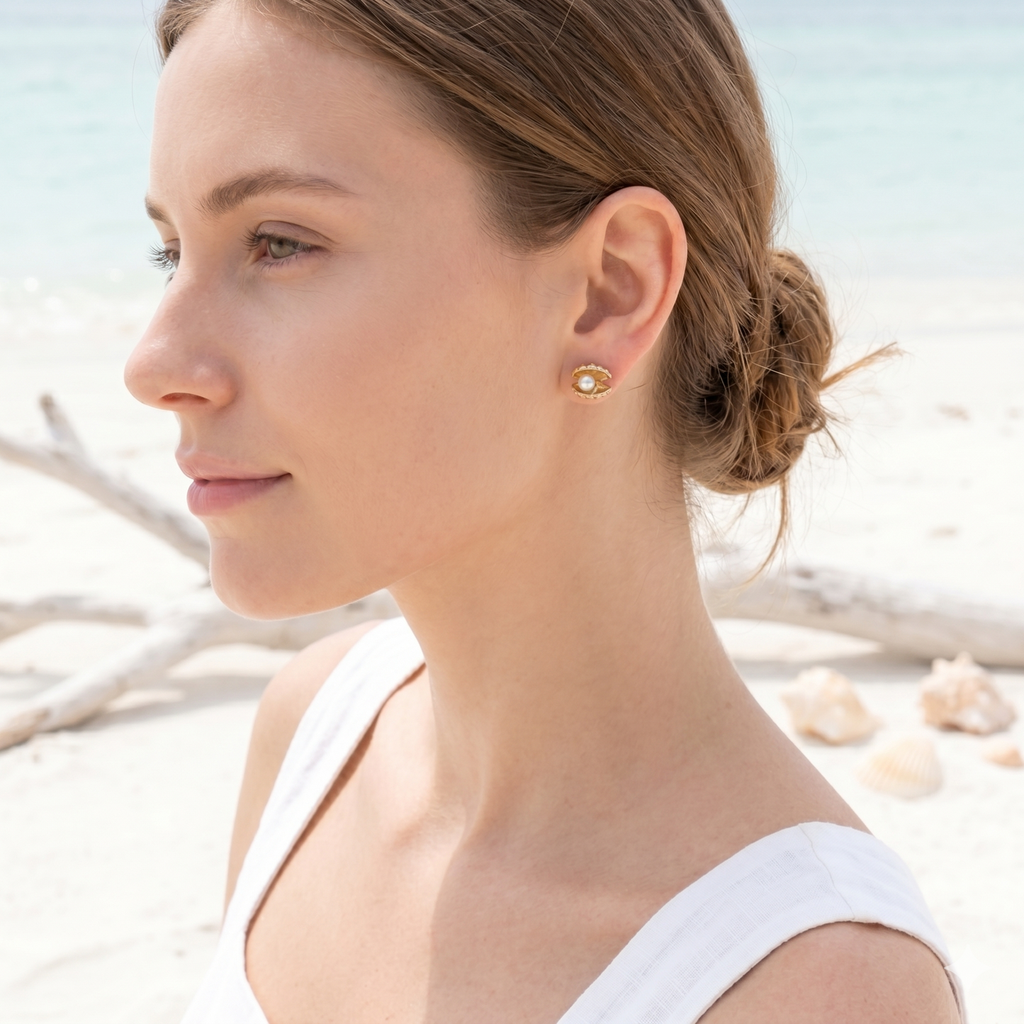 KALI Gold Seashell Pearl Stud Earrings for Women – Ocean Inspired Minimalist Dainty Jewelry | Ash Mollie Studio - ASH MOLLIE STUDIO