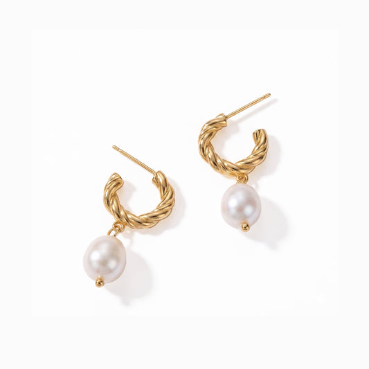 FRANCESCA Gold Braided Pearl Drop Hoop Earrings for Women – Minimalist Twisted Dainty Statement Jewelry | Ash Mollie Studio - ASH MOLLIE STUDIO