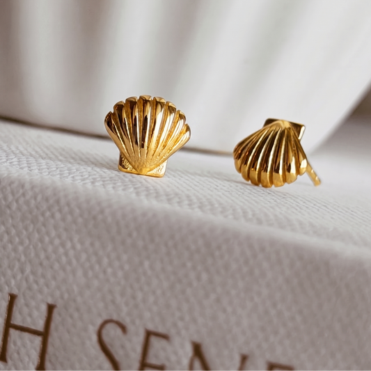 AINE Gold Scallop Shell Stud Earrings for Women – Minimalist Seashell Ocean Inspired Dainty Jewelry | Ash Mollie Studio - ASH MOLLIE STUDIO