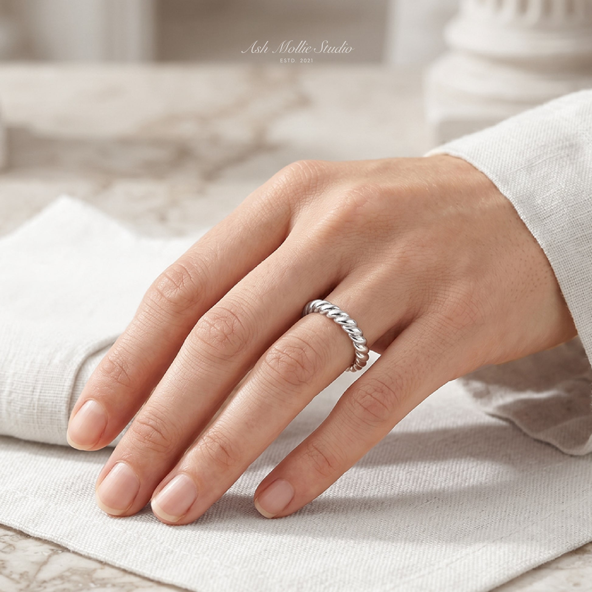 ANOA Gold Braided Ring for Women – Narrow Minimalist Stacking Rope Band | Ash Mollie Studio - ASH MOLLIE STUDIO