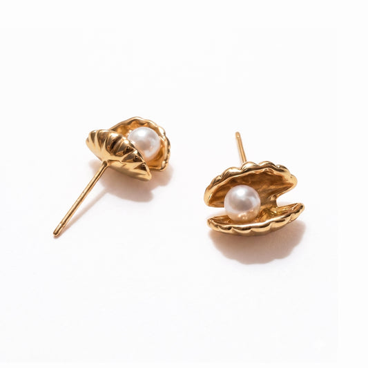 KALI Gold Seashell Pearl Stud Earrings for Women – Ocean Inspired Minimalist Dainty Jewelry | Ash Mollie Studio - ASH MOLLIE STUDIO