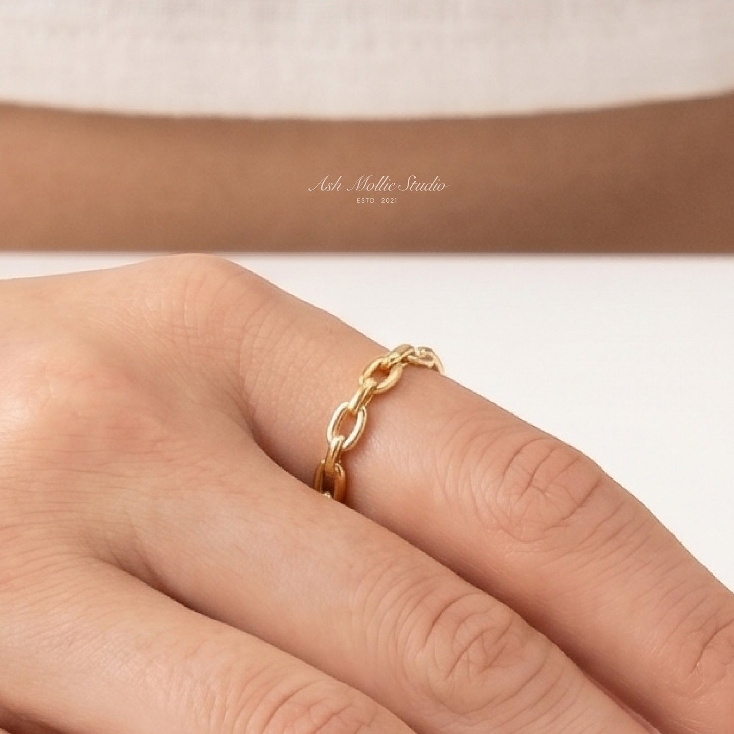 LIATH Gold Chain Ring for Women – Narrow Minimalist Stacking Adjustable Band | Ash Mollie Studio - ASH MOLLIE STUDIO