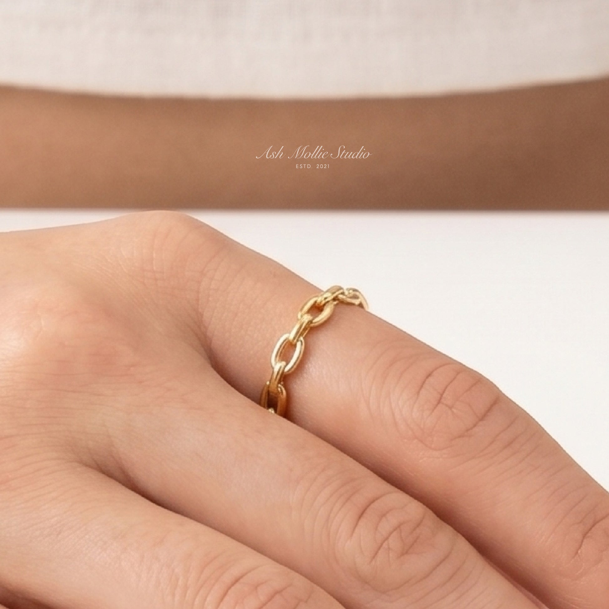 LIATH Gold Chain Ring for Women – Narrow Minimalist Stacking Adjustable Band | Ash Mollie Studio - ASH MOLLIE STUDIO