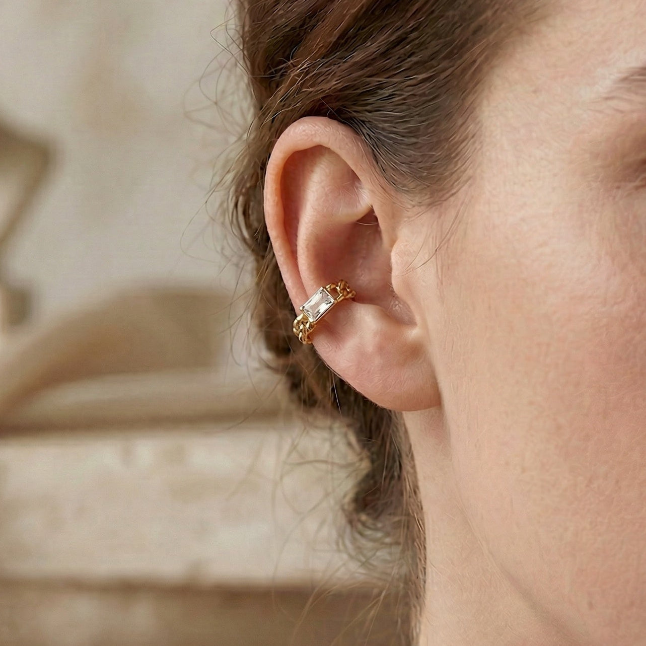 ARYA Gold Chain Ear Cuff with Stone – Statement No Piercing Jewelry | Ash Mollie Studio - ASH MOLLIE STUDIO